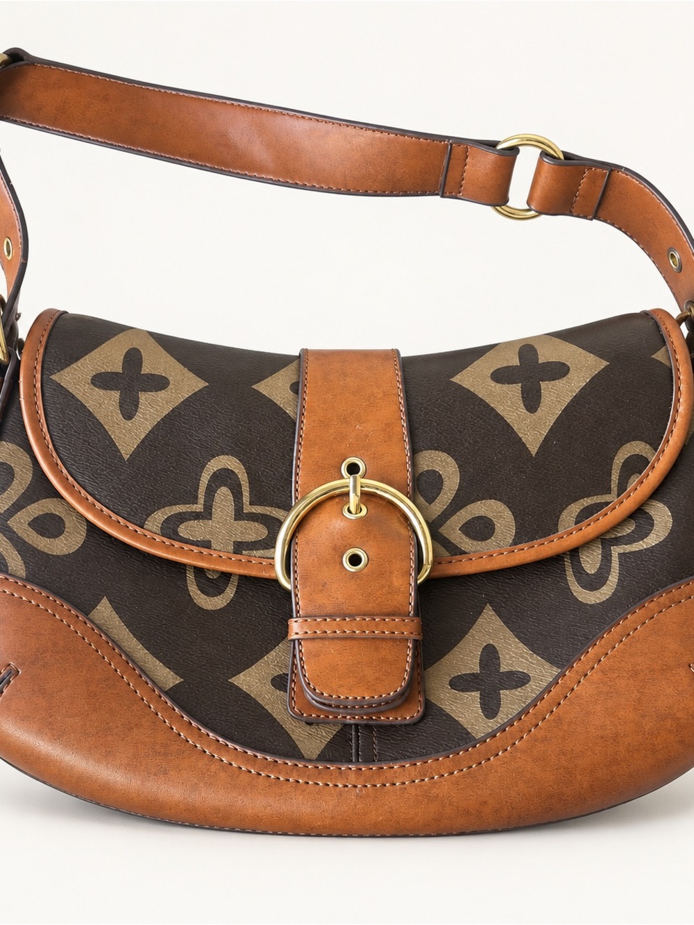 Brown Monogram Shoulder Bag with Tan Leather Trim